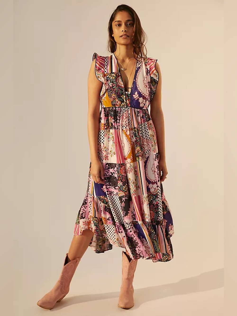 Anthropologie ruffled dress midi patchwork